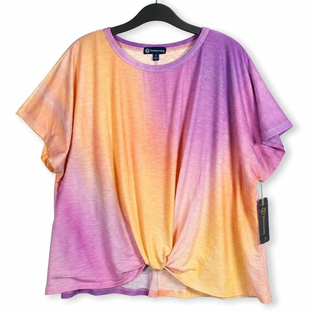 Democracy Top Womens 2X Purple Orange Ombre Twist Front Short Sleeve Casual
